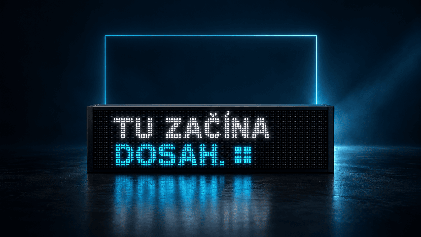 Návrh RGB LED panela so správou Tu začína dosah v tmavom priestore s tyrkysovým svetlom